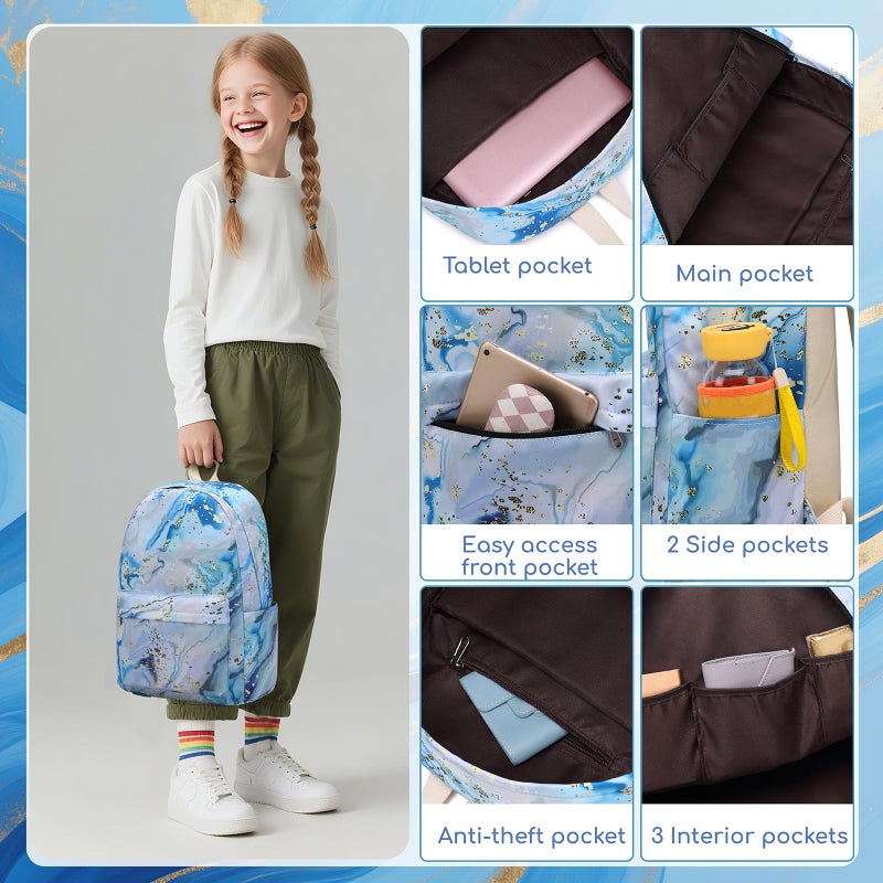 Bluboon Teen Girls School Backpack Kids Bookbag Set with Lunch Box Pencil Case Travel Laptop Backpack Casual Daypacks (Blue-white) - Image 5